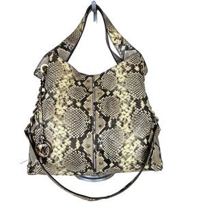 Michael Kors Astor Studded Python Snakeskin Tote Bag Shoulder Purse Beige Black